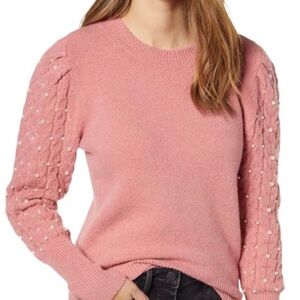 Rachel Parcell Pink Pearl Puff Sleeve Crewneck Sweater
